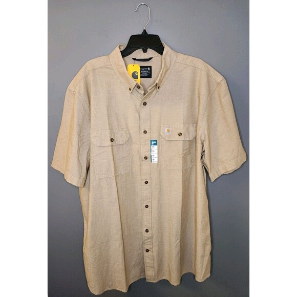 NWT Carhartt Rugged Flex Shirt Men's 2XLT Beige S/S Button Down Chambray Relaxed - Picture 2 of 9